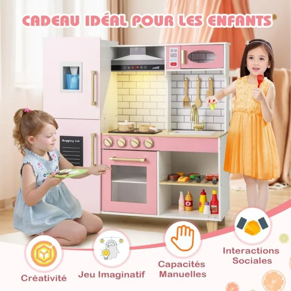 Cuisine pour Enfants en Bois avec Machine à Glaçons Hotte Tableau Noir Barbecue Ustensiles avec Lumières et Sons Cadeau pour les 3+ Ans Rose