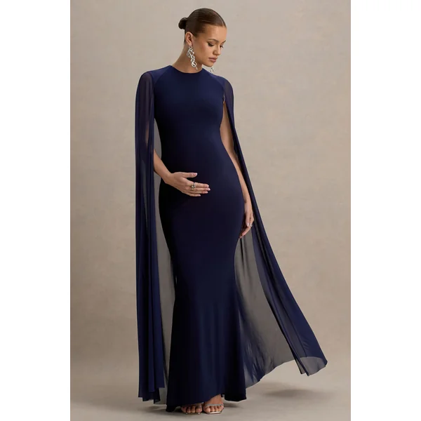 Currant | Robe longue de maternité bleu marine à col arrondi avec cape