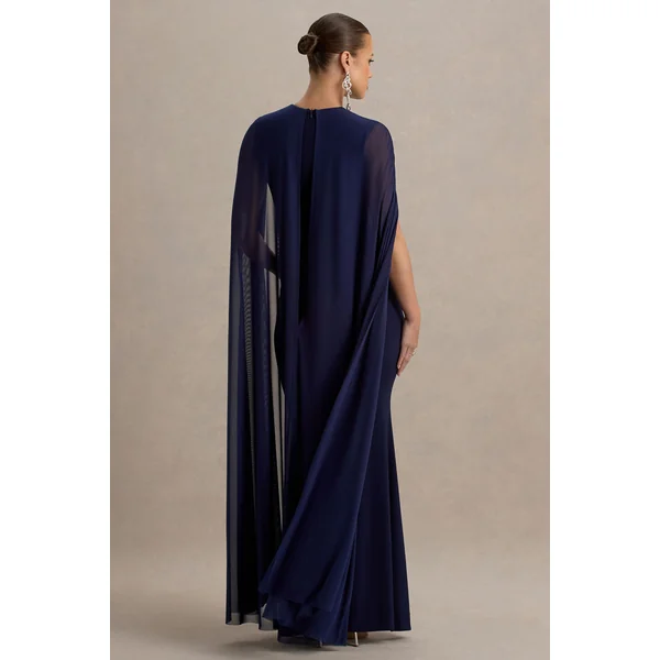 Currant | Robe longue de maternité bleu marine à col arrondi avec cape