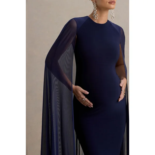 Currant | Robe longue de maternité bleu marine à col arrondi avec cape