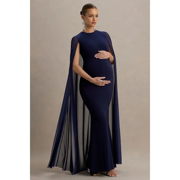 Currant | Robe longue de maternité bleu marine à col arrondi avec cape