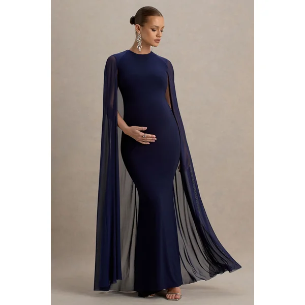 Currant | Robe longue de maternité bleu marine à col arrondi avec cape