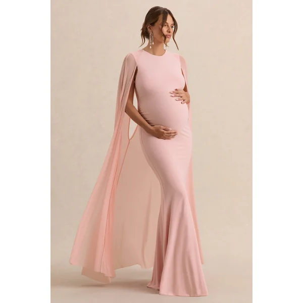 Currant | Robe longue de maternité rose à col arrondi avec cape