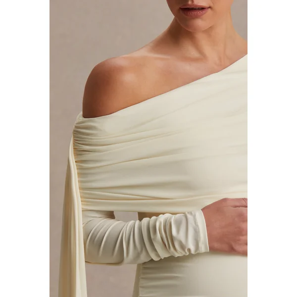 Cyra | Robe longue de maternité crème à encolure asymétrique avec écharpe