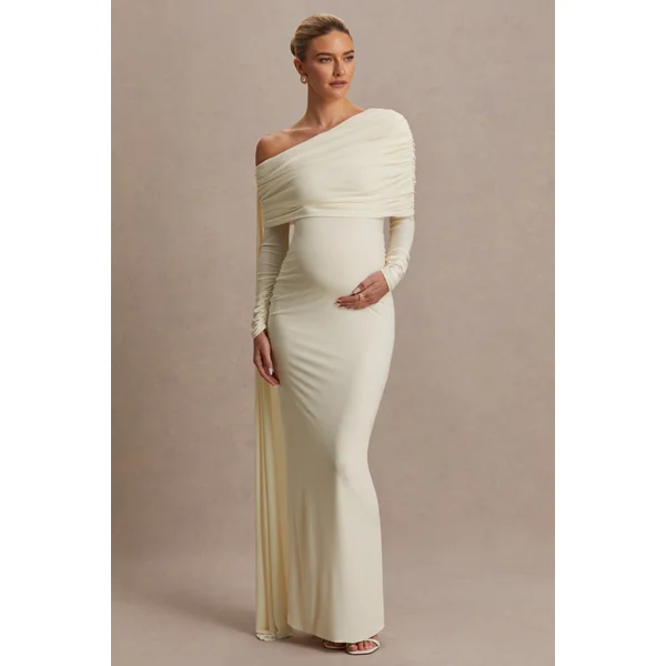 Cyra | Robe longue de maternité crème à encolure asymétrique avec écharpe