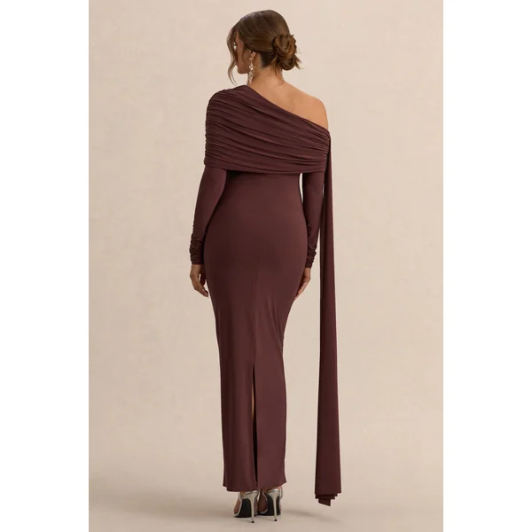 Cyra | Robe Longue de Maternité à Encolure Asymétrique Marron avec Détail de Ceinture