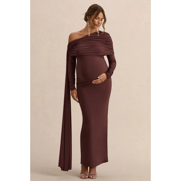 Cyra | Robe Longue de Maternité à Encolure Asymétrique Marron avec Détail de Ceinture