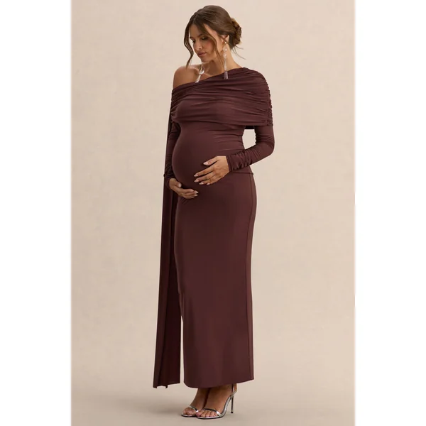 Cyra | Robe Longue de Maternité à Encolure Asymétrique Marron avec Détail de Ceinture