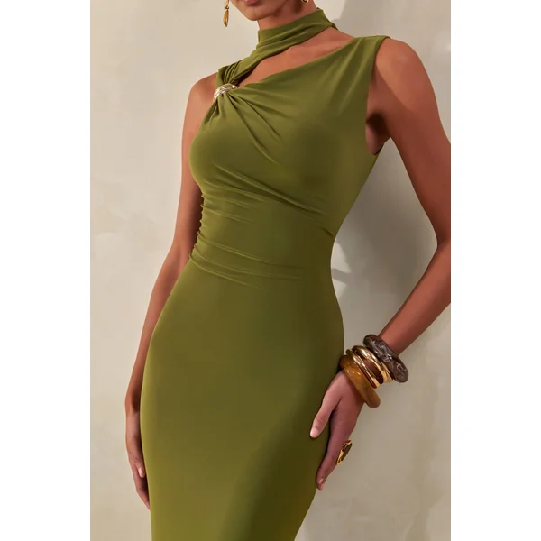 Cyrilla | Robe longue verte à encolure haute avec détail doré