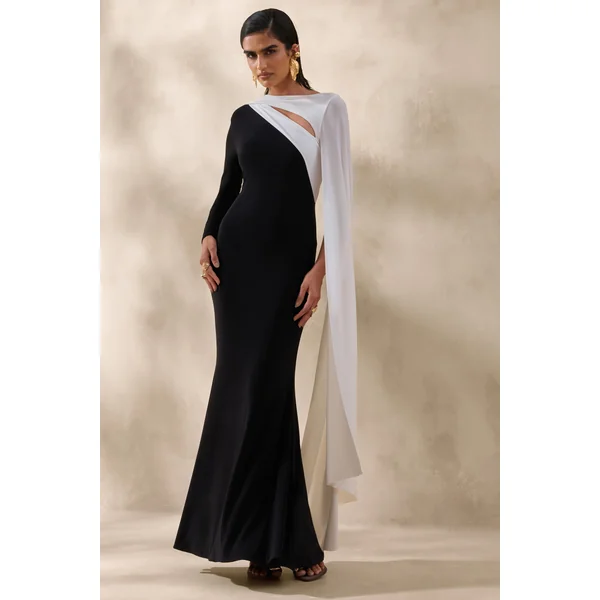 Dabria | Robe longue noire et blanche à encolure asymétrique avec manche cape