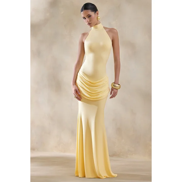 Daisy | Robe Longue Jaune Citron à Col Dos Nu et Détails Drapés