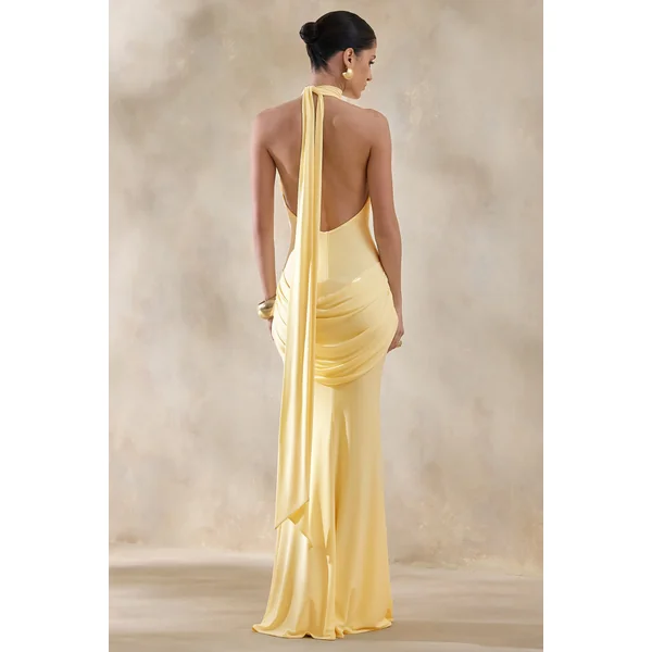 Daisy | Robe Longue Jaune Citron à Col Dos Nu et Détails Drapés