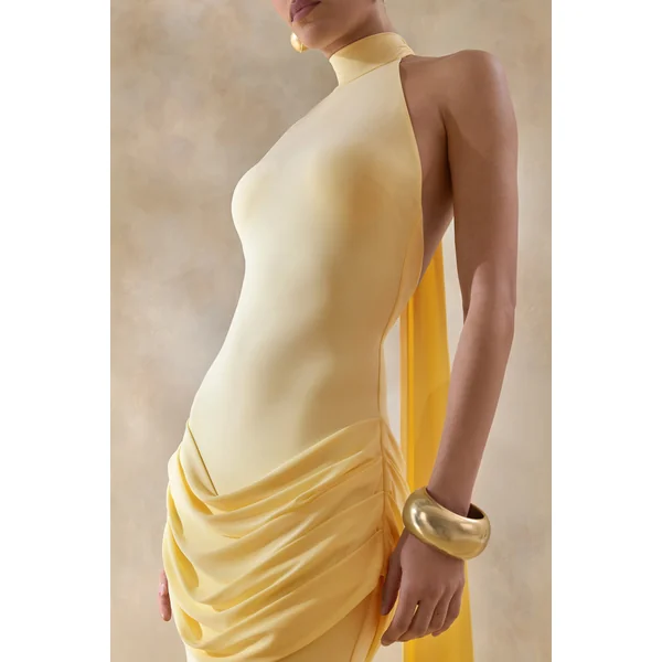 Daisy | Robe Longue Jaune Citron à Col Dos Nu et Détails Drapés