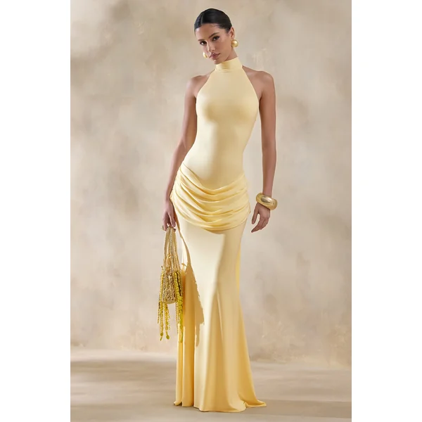 Daisy | Robe Longue Jaune Citron à Col Dos Nu et Détails Drapés