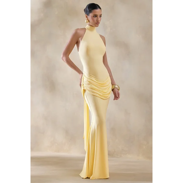 Daisy | Robe Longue Jaune Citron à Col Dos Nu et Détails Drapés