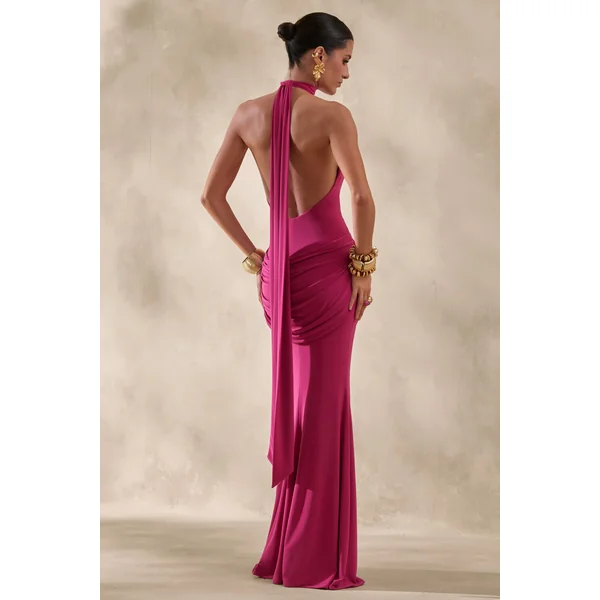 Daisy | Robe Longue Rose Fuchsia à Col Dos Nu et Détails Drapés