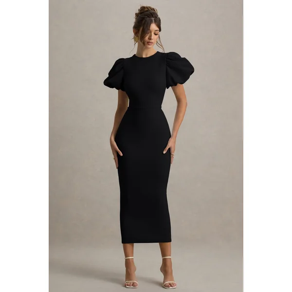 Dakota | Robe mi-longue noire à manches bouffantes