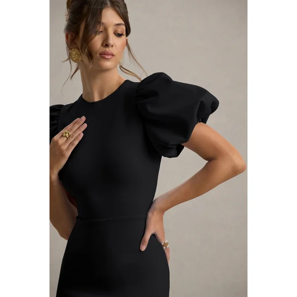Dakota | Robe mi-longue noire à manches bouffantes