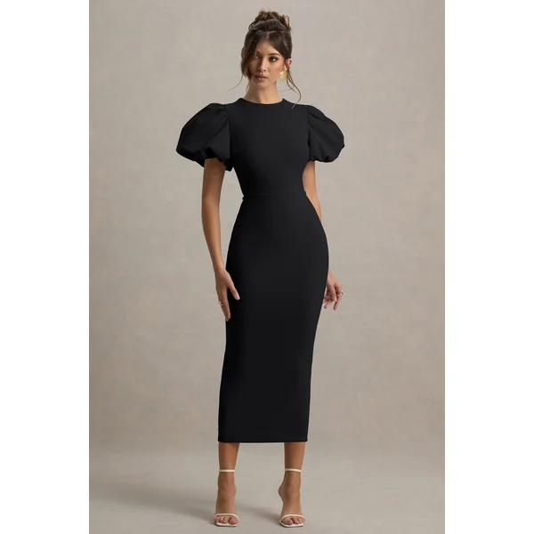 Dakota | Robe mi-longue noire à manches bouffantes