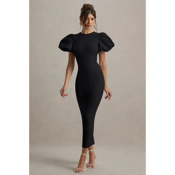Dakota | Robe mi-longue noire à manches bouffantes