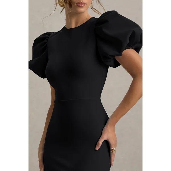 Dakota | Robe mi-longue noire à manches bouffantes
