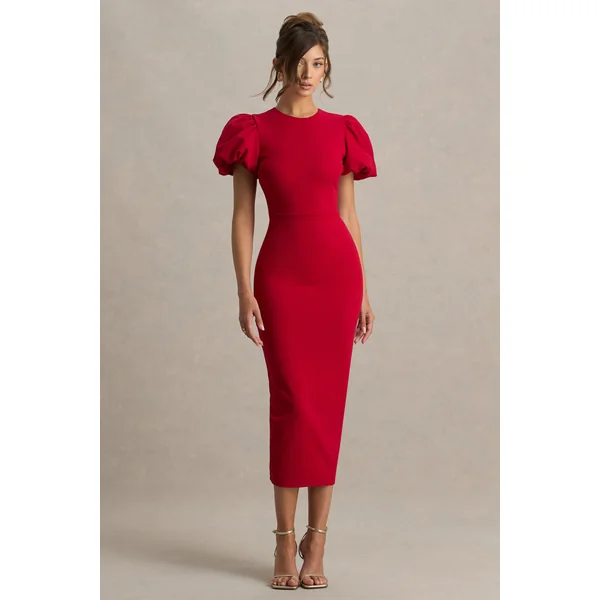 Dakota | Robe mi-longue rouge à manches bouffantes