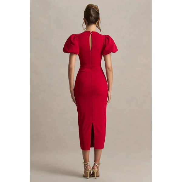Dakota | Robe mi-longue rouge à manches bouffantes