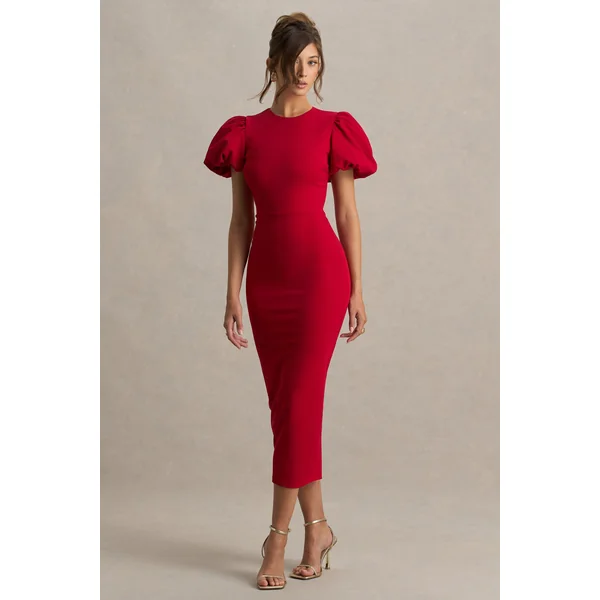 Dakota | Robe mi-longue rouge à manches bouffantes