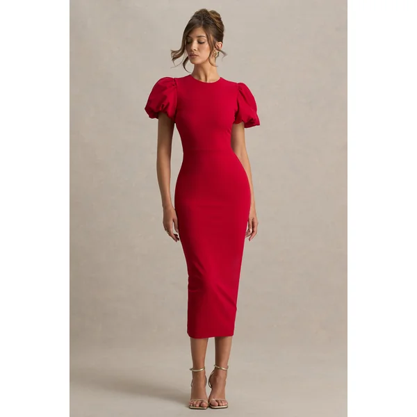 Dakota | Robe mi-longue rouge à manches bouffantes