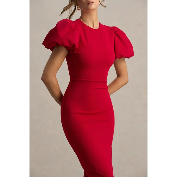 Dakota | Robe mi-longue rouge à manches bouffantes