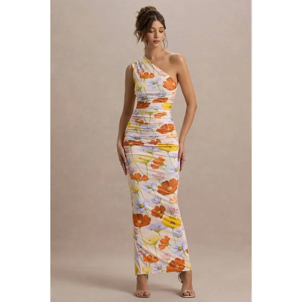 Dalarie | Robe longue asymétrique froncée à imprimé fleuri éclatant