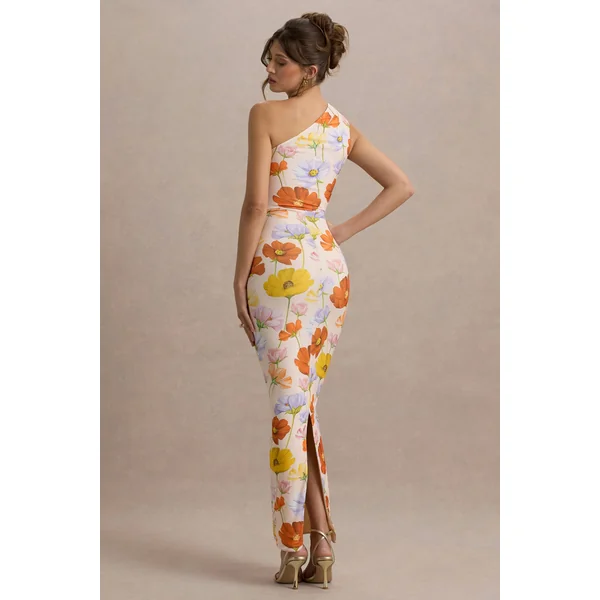 Dalarie | Robe longue asymétrique froncée à imprimé fleuri éclatant