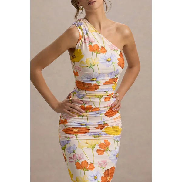 Dalarie | Robe longue asymétrique froncée à imprimé fleuri éclatant