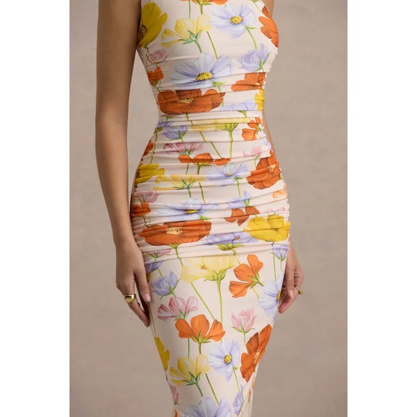 Dalarie | Robe longue asymétrique froncée à imprimé fleuri éclatant