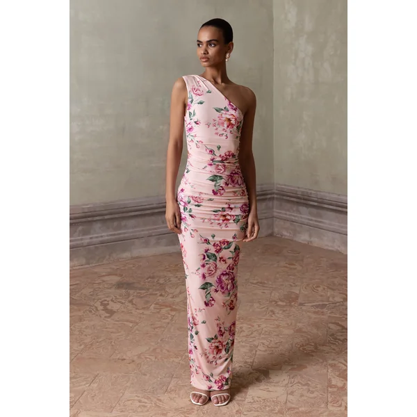 Dalarie | Robe Longue Asymétrique Froncée à Imprimé Floral Rose