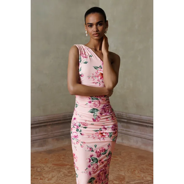 Dalarie | Robe Longue Asymétrique Froncée à Imprimé Floral Rose