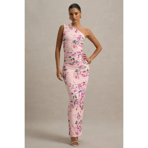 Dalarie | Robe Longue Asymétrique Froncée à Imprimé Floral Rose