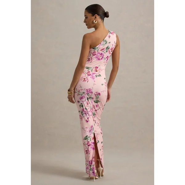 Dalarie | Robe Longue Asymétrique Froncée à Imprimé Floral Rose