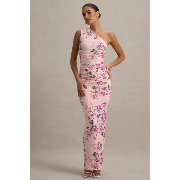 Dalarie | Robe Longue Asymétrique Froncée à Imprimé Floral Rose