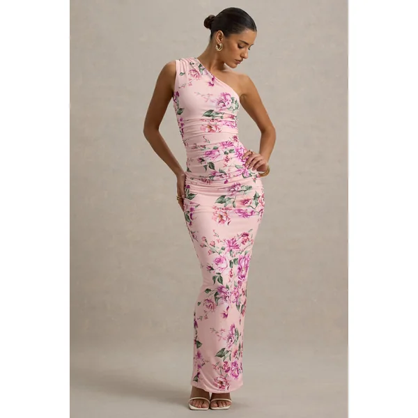 Dalarie | Robe Longue Asymétrique Froncée à Imprimé Floral Rose