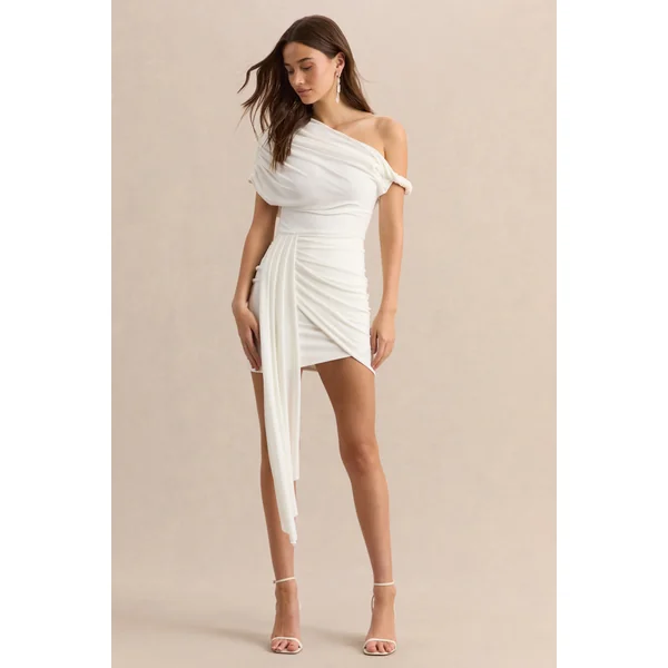 Dalina | Mini-robe blanche à encolure asymétrique avec détail écharpe