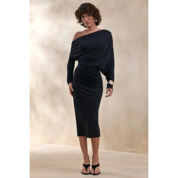 Dalissa | Robe mi-longue noire à encolure asymétrique avec détails drapés