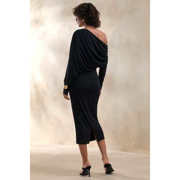 Dalissa | Robe mi-longue noire à encolure asymétrique avec détails drapés