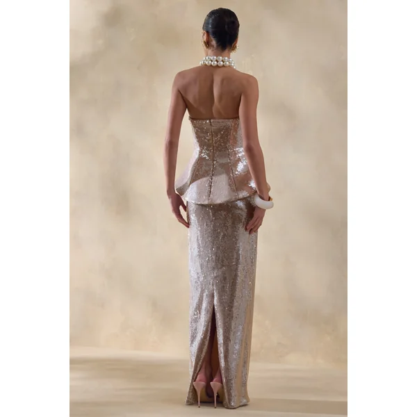 Dalisse | Robe longue nude bandeau à corsage corseté en sequins