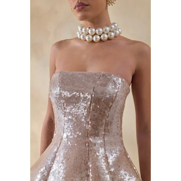 Dalisse | Robe longue nude bandeau à corsage corseté en sequins