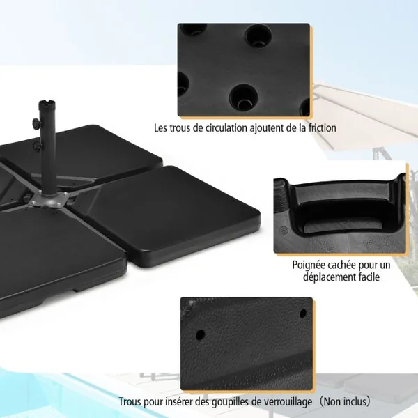Dalle Parasol Déporté Lot de 4 Lestage Poids Parasol Carré en HDPE à Remplir 13 L d'Eau ou 19,5 Kg de Sable Base pour Parasol avec Poignée 100 x 100 x 7 cm