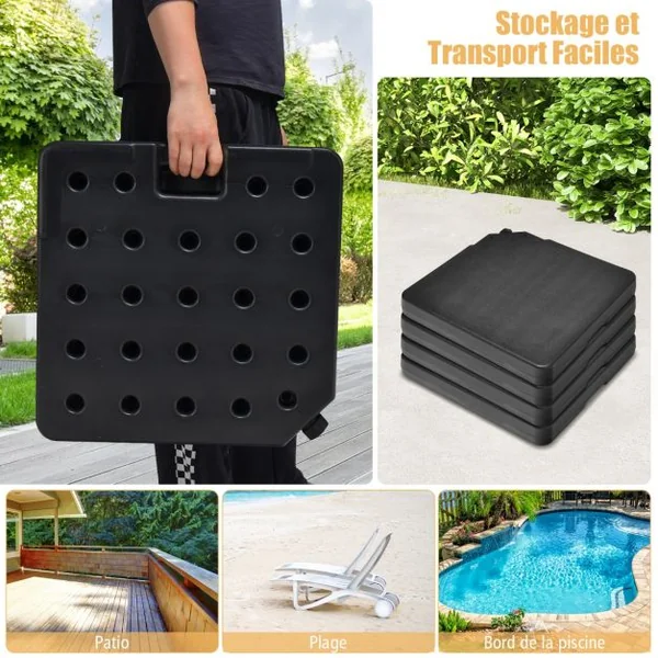 Dalle Parasol Déporté Lot de 4 Lestage Poids Parasol Carré en HDPE à Remplir 13 L d'Eau ou 19,5 Kg de Sable Base pour Parasol avec Poignée 100 x 100 x 7 cm