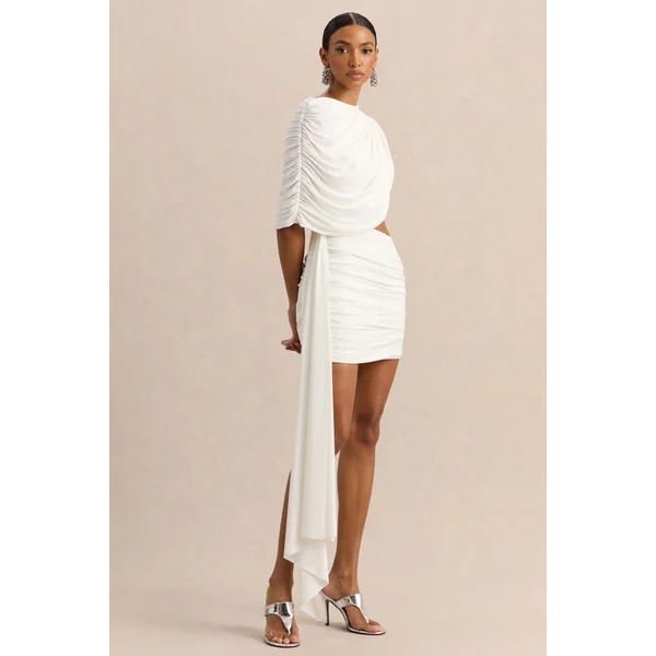 Danellia | Mini-robe blanche à encolure ronde avec détail découpé et drapé