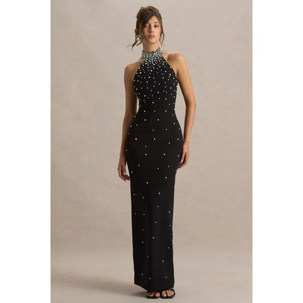 Dani | Robe longue noire à encolure nouée et ornements perlés