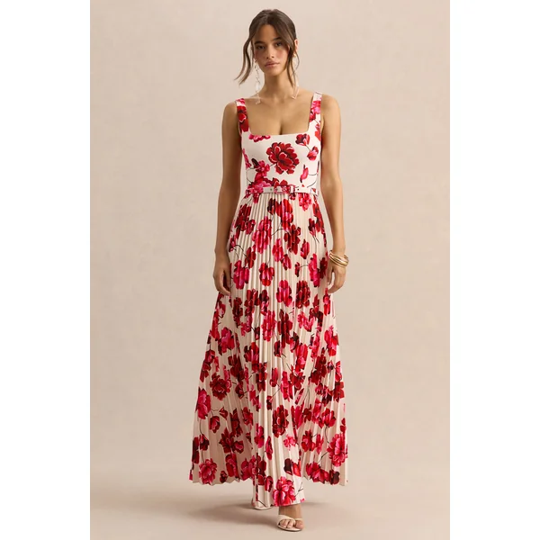 Danika | Robe longue à imprimé floral rose vif à encolure carrée avec ceinture et jupe plissée